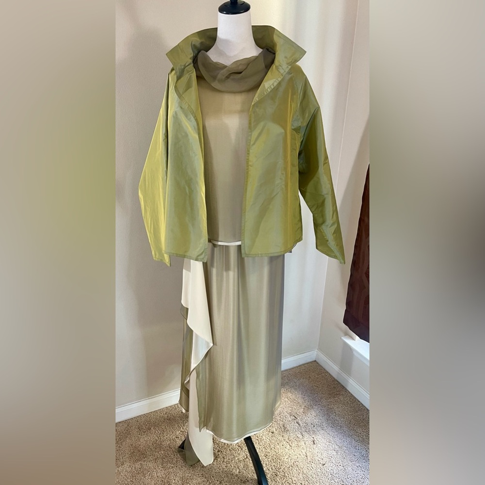 Zoran Vintage Designer 100% Silk Iridescent Chartreuse Open Front Evening Jacket